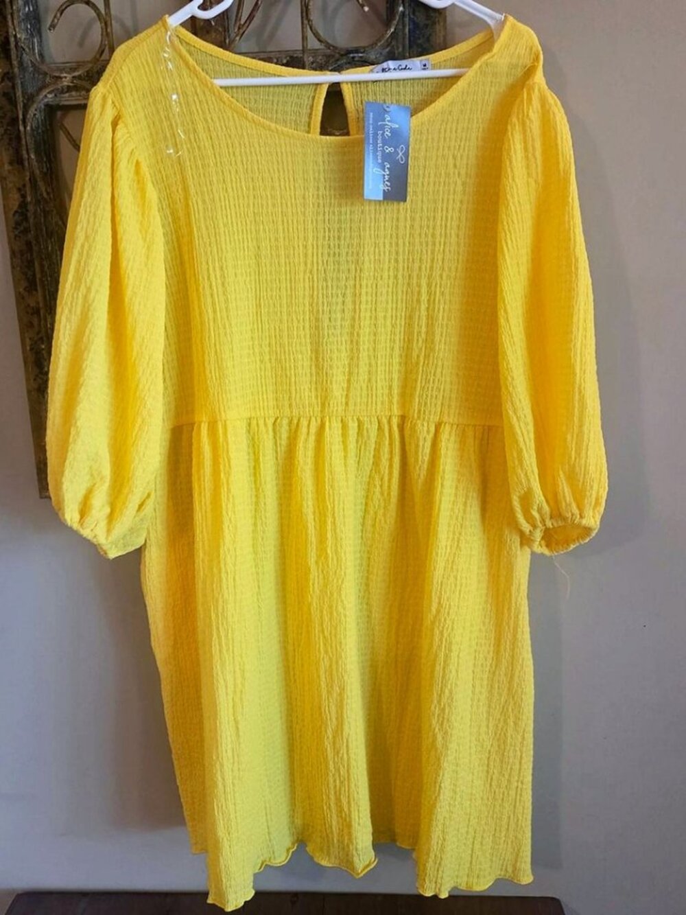 Culture Code Babydoll Dress Yellow Balloon Sleeve Crinkle Keyhole Back M NWT